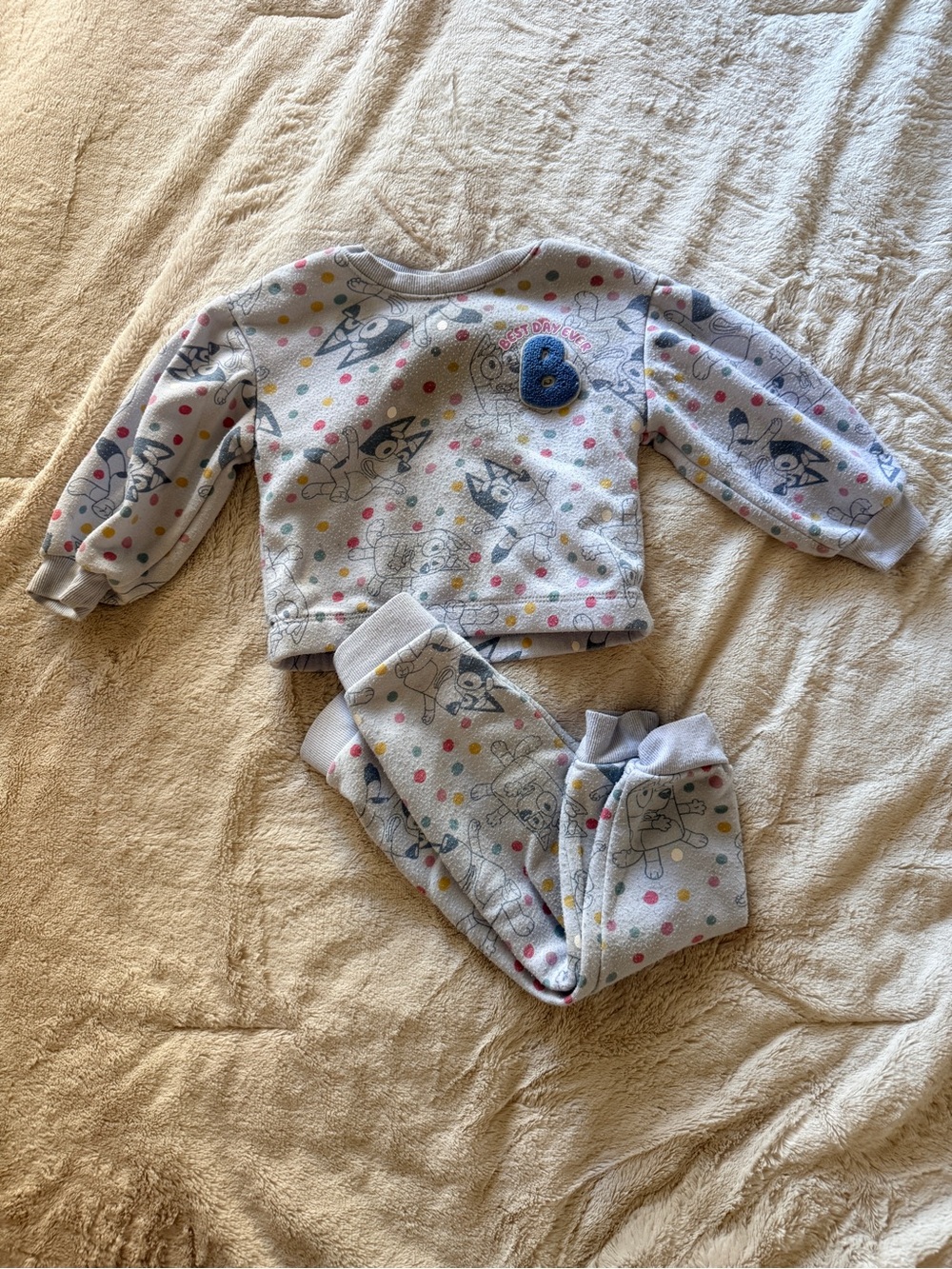 Light Gray Kids Pajama Set with Colorful Polka Dots and Heart Patch